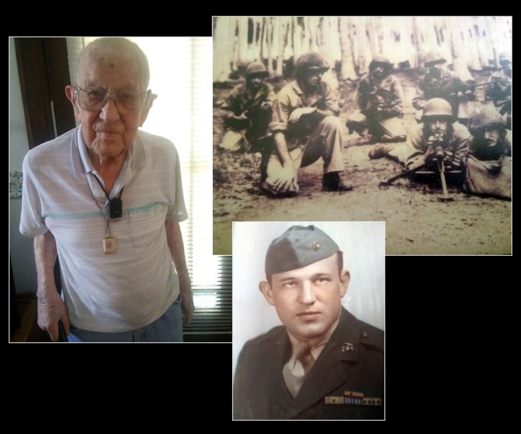 An elderly man poses with his old printed photos from his time in the military.