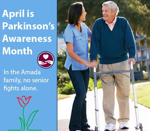 An elderly man on a walker is assisted by a caregiver in a Parkinson's Awareness Month flyer.